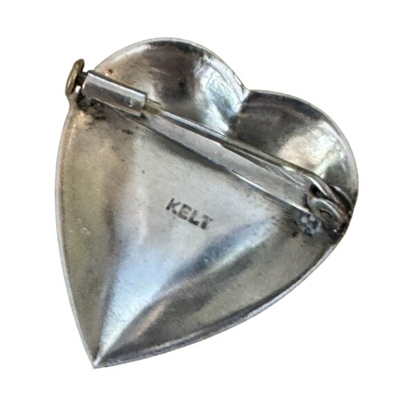 Vintage Kelt Sterling Silver Heart Brooch Floral Design France C1930s 1 1/8" - Picture 5 of 7